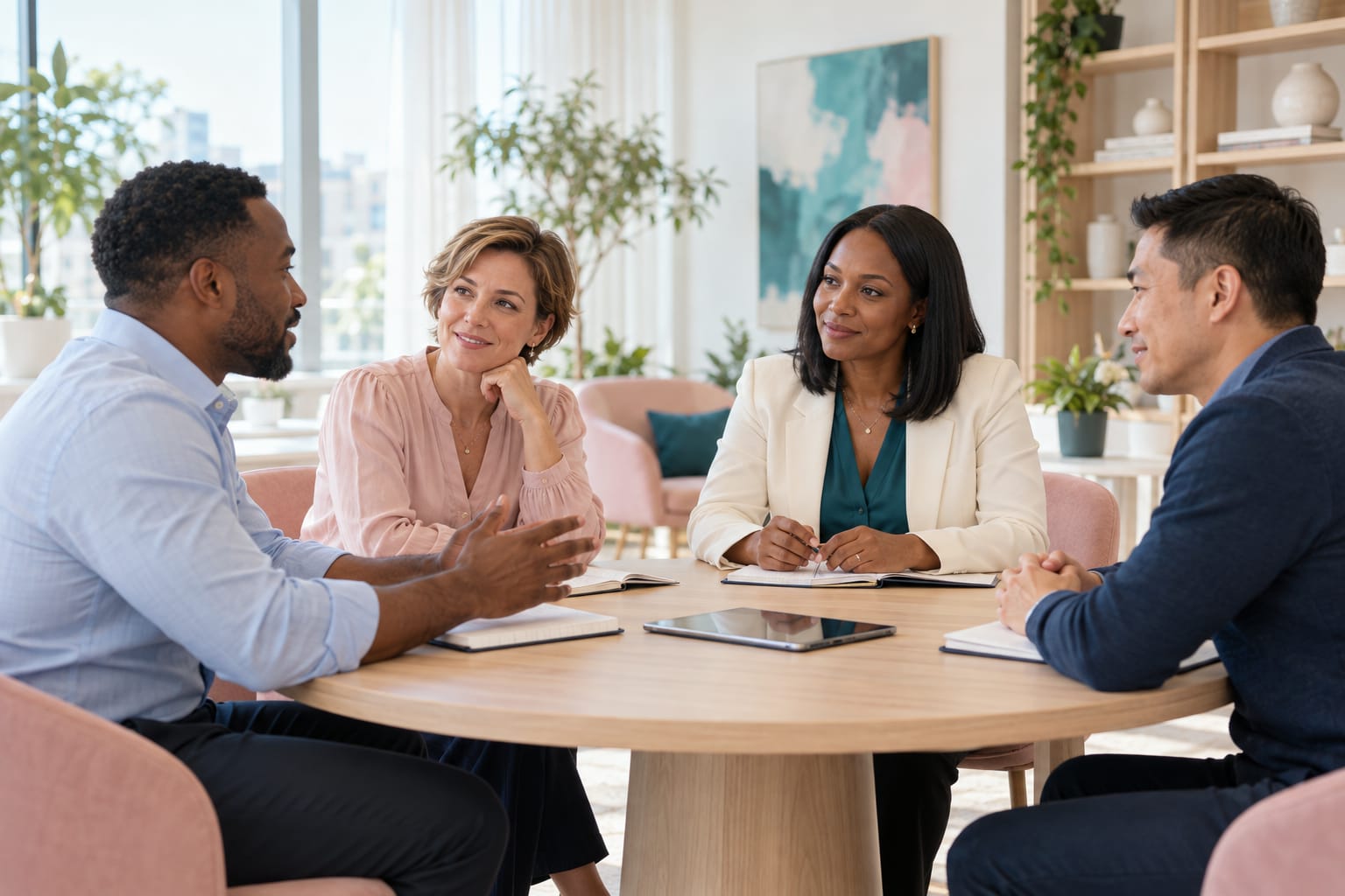 Four colleagues discussing workplace matters around a meeting table.